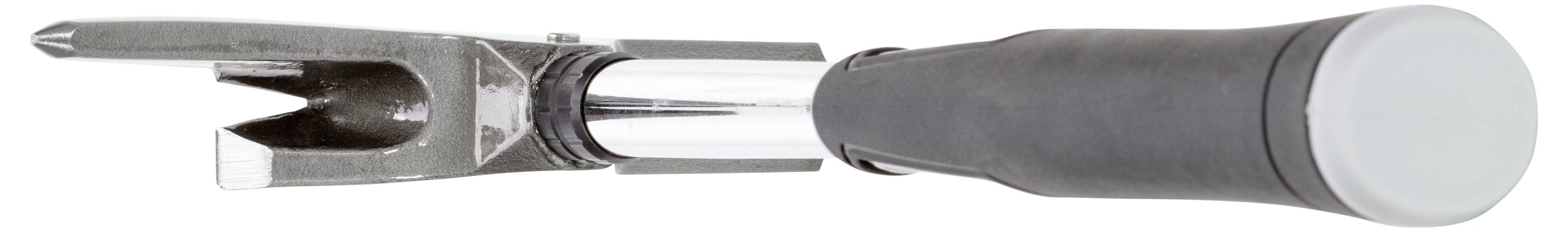 Srebrno-czarny otwieracz do butelek z ergonomicznym uchwytem, przeznaczony do bezpiecznego zdejmowania kapsli i innych zamknięć.