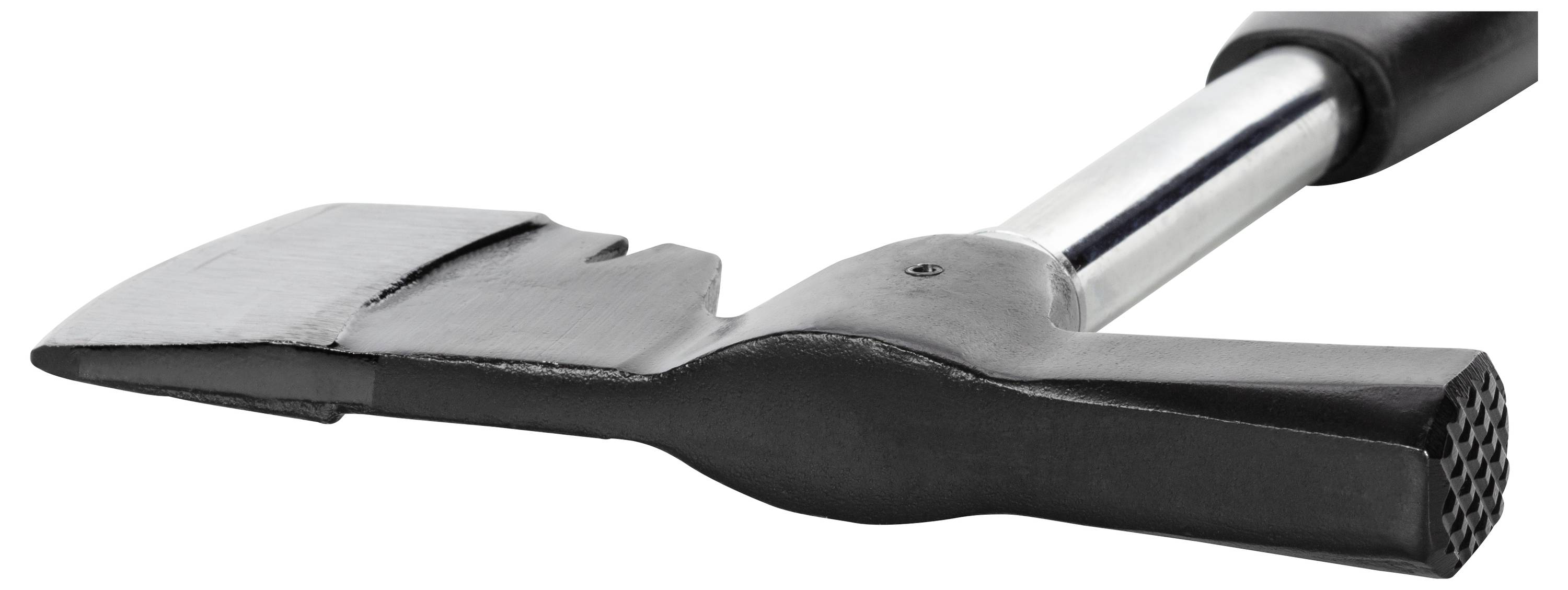 Srebrny młot z czarną rękojeścią leży na boku. Głowica młota ma płaką, szeroką powierzchnię uderzeniową.