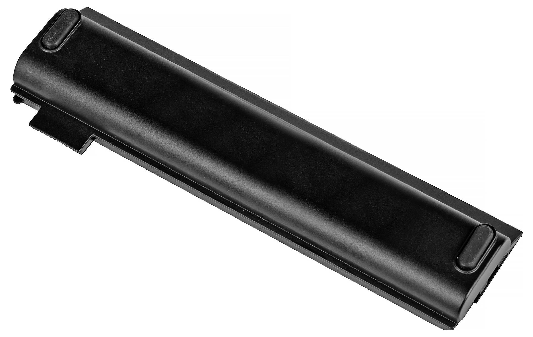 Czarny akumulator do laptopa w kształcie prostokąta, zaokrąglony na rogach, z dwoma stykami od spodu.
