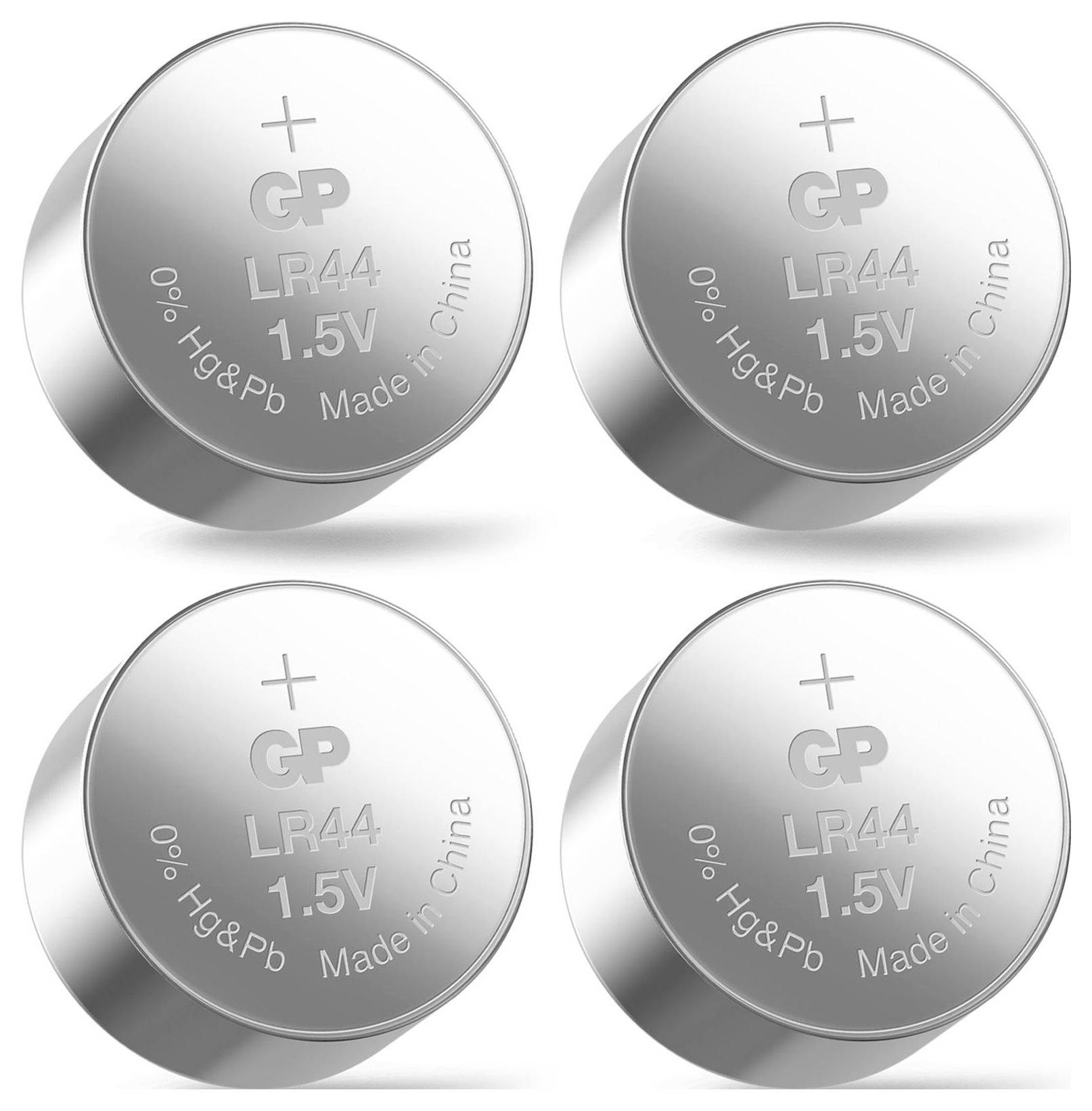 Cztery srebrne baterie guzikowe GP LR44, każda z napisem '1.5V, 0% Hg&Pb, Made in China'.