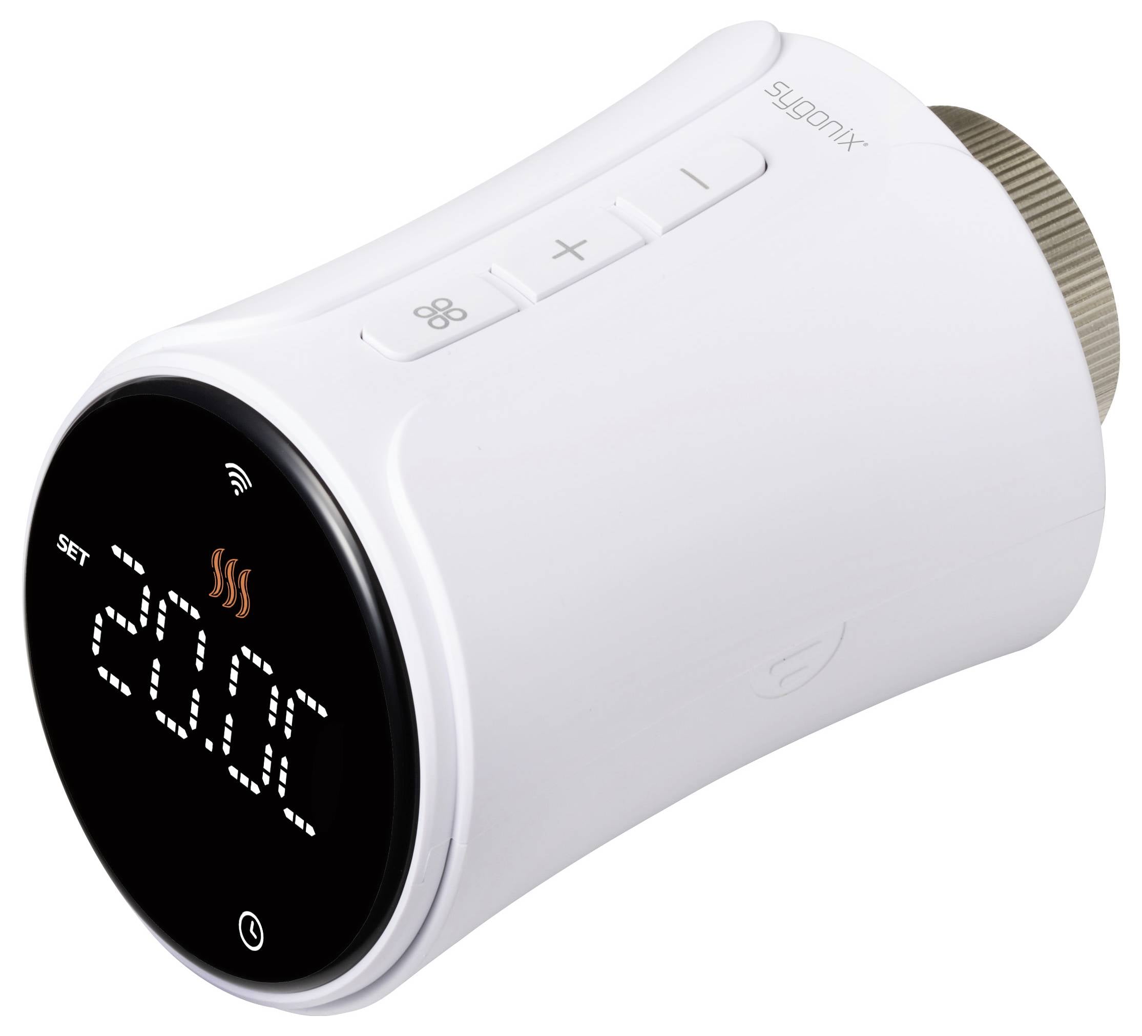 Elektroniczny termostat grzejnikowy w białym kolorze z cyfrowym wyświetlaczem, który wskazuje 'SET' i '20,0°C'. Widoczne są przyciski do regulacji temperatury.