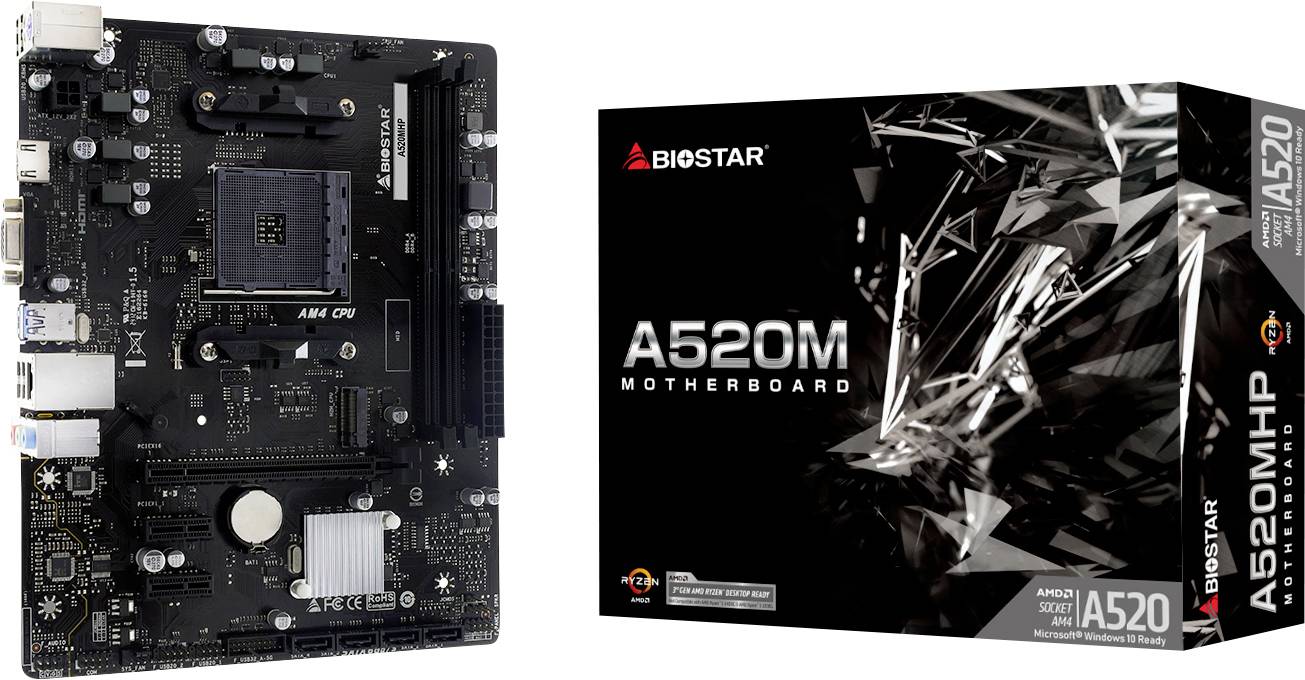 Płyta główna Biostar A520M wyświetlana obok swojego pudełka, podkreślająca 'A520M MOTHERBOARD' z grafikami projektowymi.