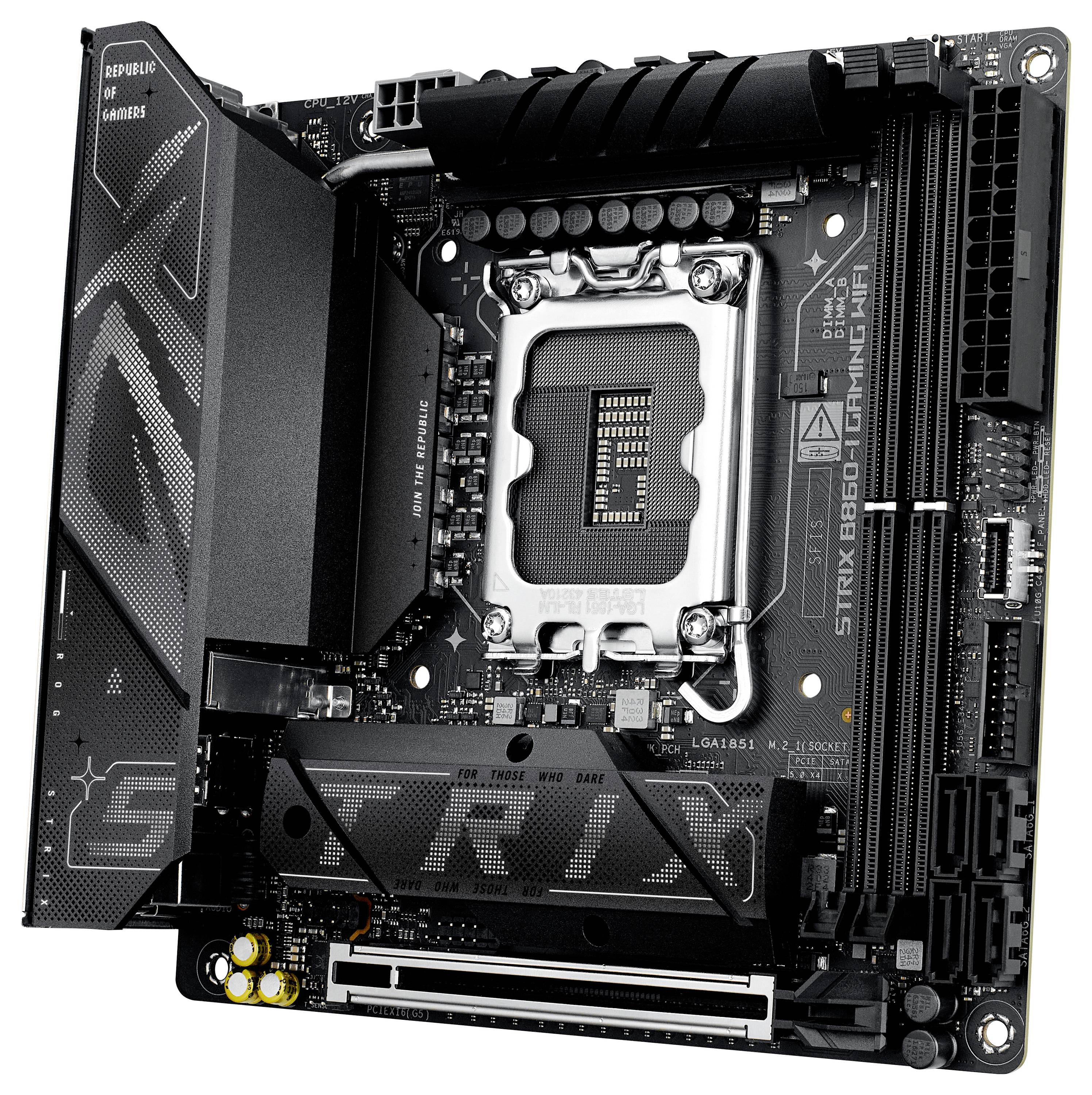 Płyta główna z wyraźnym gniazdem procesora na środku, oznaczona jako 'ROG STRIX B660-I GAMING WIFI', z gniazdami na pamięć RAM i różnymi złączami.