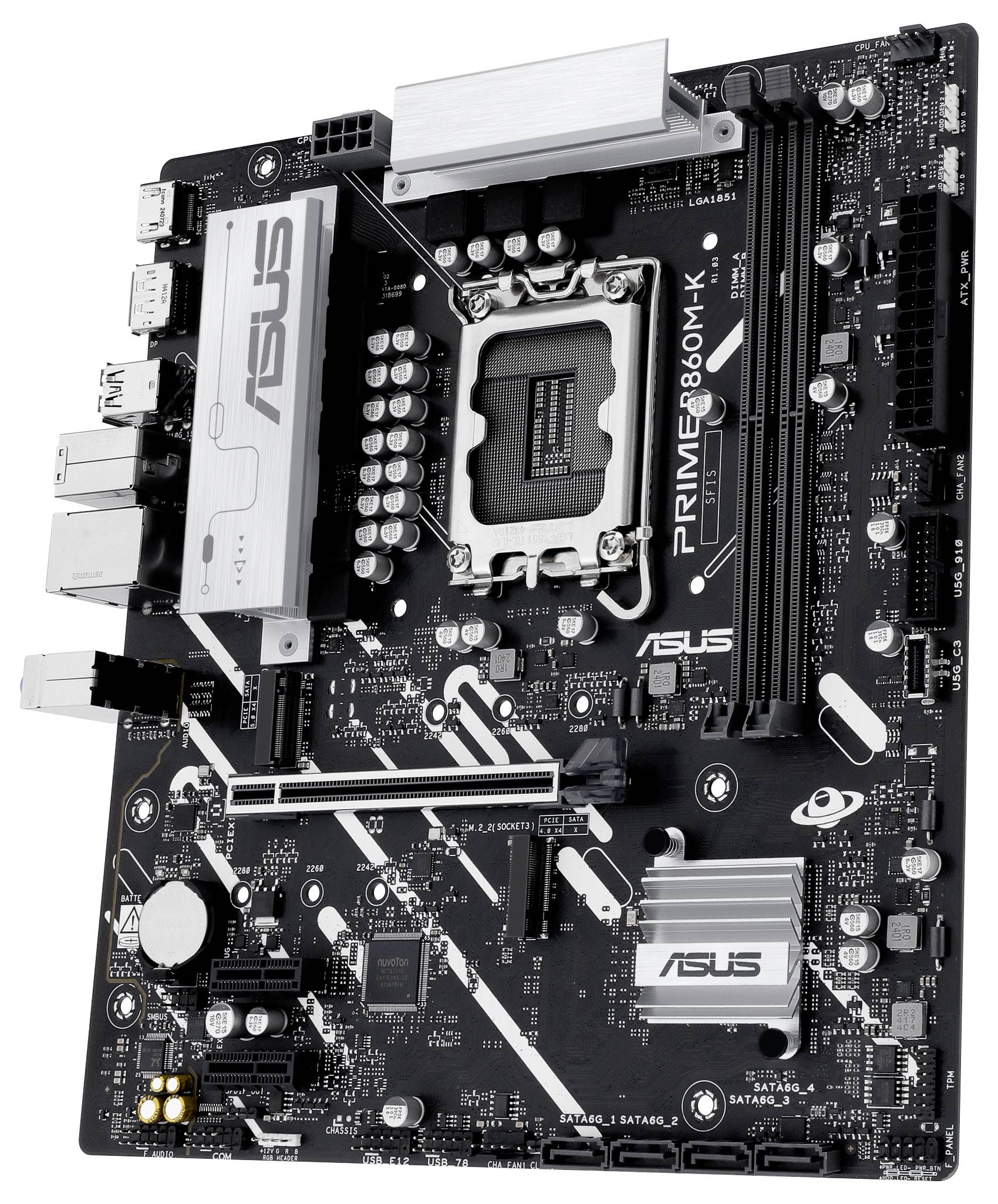 Czarna płyta główna ASUS PRIME B660M-K, wyposażona w różne sloty i porty, w tym PCIe, sloty RAM oraz złącza zasilania, przeznaczona do montażu komputera.