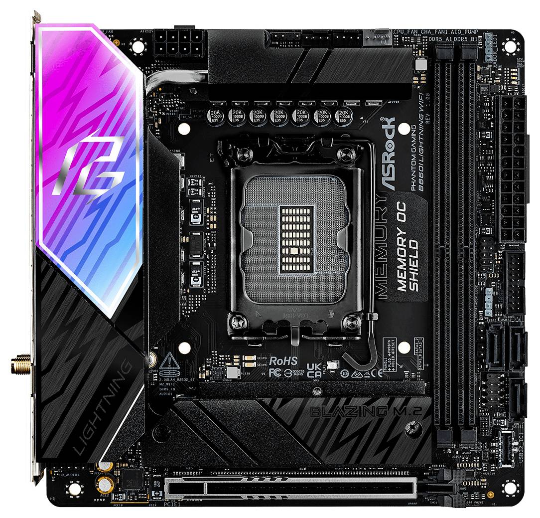 Płyta główna ASRock B650E PG-ITX WiFi, prezentująca gniazdo procesora, sloty pamięci RAM oraz porty. Kolorowe akcenty po bokach.