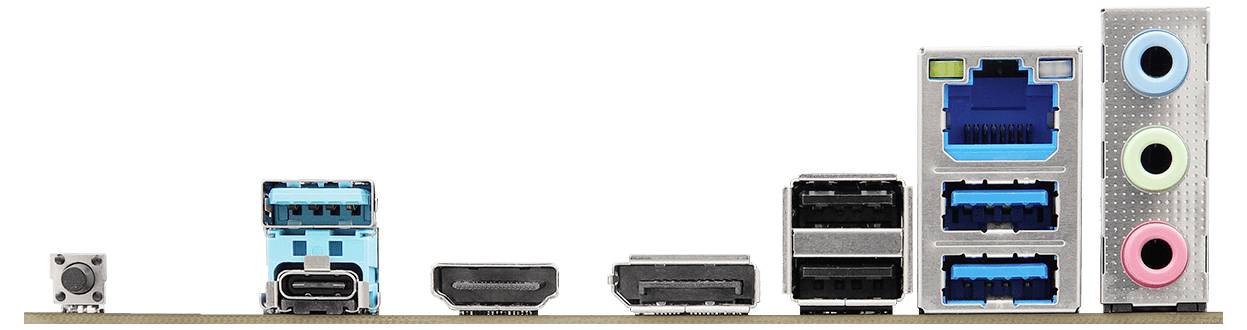Porty płyty głównej komputera, w tym USB, HDMI, Ethernet oraz gniazda audio, ułożone w rzędzie, prezentujące opcje łączności.