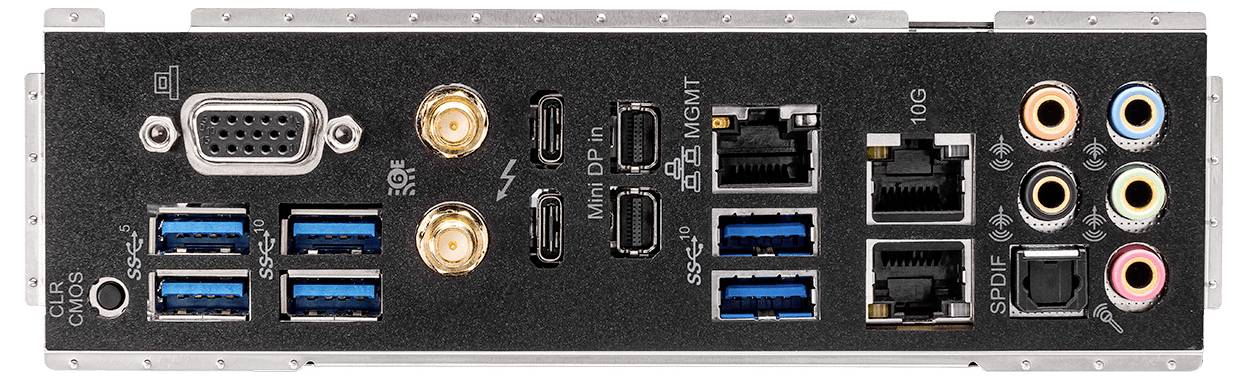 Tylny panel płyty głównej komputera przedstawiający różne porty, w tym USB, HDMI, Ethernet, gniazda audio oraz złącza wideo do podłączenia urządzeń.