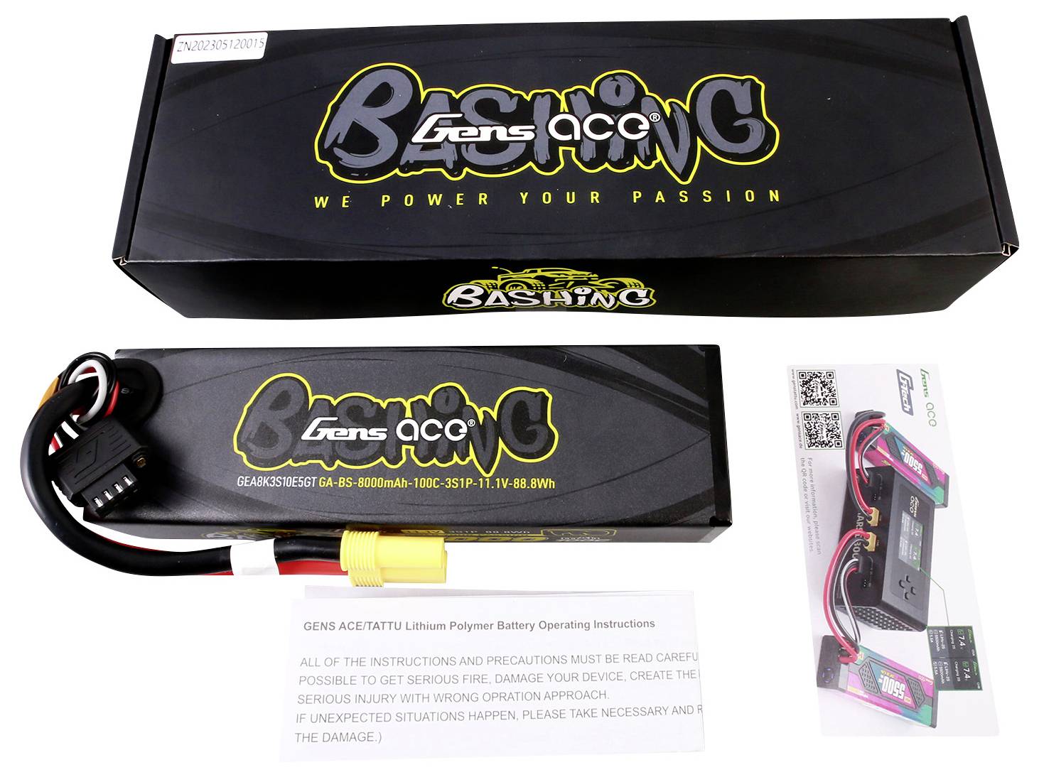 Akumulator Gens Ace Lithium-Polymer z instrukcją obsługi i oryginalnym opakowaniem. Na opakowaniu widnieje slogan „Napędzamy twoją pasję".