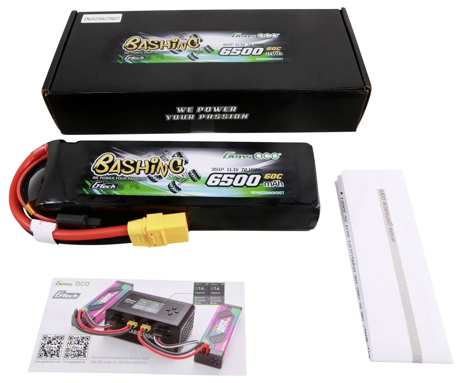 Akumulator Floureon LiPo 6500 mAh z wtyczką XT90, czarna opakowanie i instrukcja obsługi w tle.