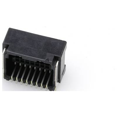 Czarny wtyk RJ45 z wieloma metalowymi stykami, używany do podłączania kabli Ethernet w sieciach komputerowych.