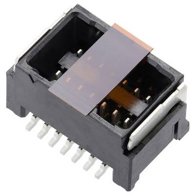 Czarny elektroniczny złącze z wieloma metalowymi stykami od spodu, przeznaczone do połączeń na płytkach drukowanych.