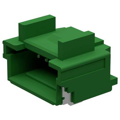 Zielony element plastikowy z prostokątnymi wycięciami. Ma skomplikowaną geometryczną formę i może być elementem technicznym.