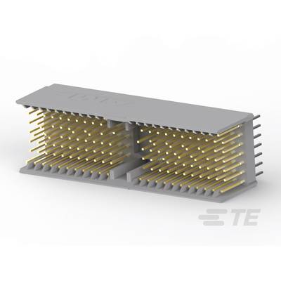 Prostokątny złącze z licznymi złotymi stykami, przeznaczone do połączeń elektronicznych, na szarym tle.