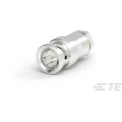 Srebrny, cylindryczny elektryczny adapter wtykowy leży skośnie na białym tle.