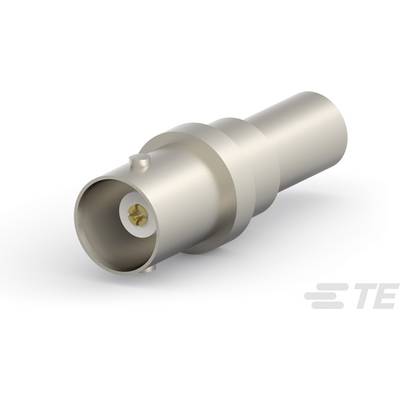 Metalowy złącze RF o kształcie cylindrycznym, z centralnym metalowym stykiem wewnątrz, służy do połączeń w urządzeniach elektronicznych.
