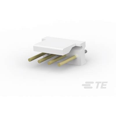Trójstykowy złącze elektryczne w płaskiej obudowie z wystającymi metalowymi stykami na białym tle, z widocznym logo marki TE.