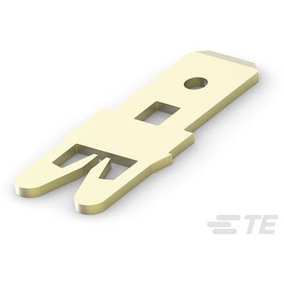 Złoty metalowy element tłoczony z dwoma zakończeniami w kształcie widelca i otworem, prezentowany na białym tle.
