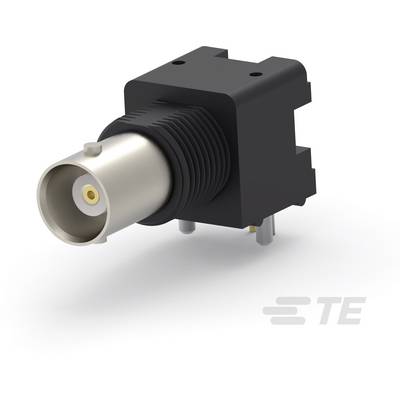 Złącze koaksjalalne RF w kolorze czarnym i srebrnym o kształcie cylindrycznym, przeznaczone do połączeń elektrycznych w zastosowaniach technicznych. Logo 'TE' po prawej stronie.