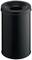 Czarny cylindryczny kosz na śmieci z okrągłym otworem u góry, o prostym i nowoczesnym designie.