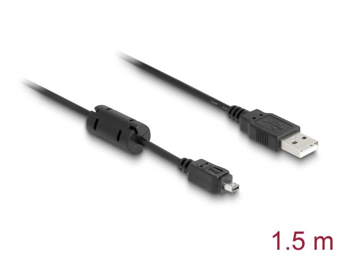 Kabel USB z rdzeniem ferrytowym, długość 1,5 metra, z gniazdem standardowego złącza USB po jednej stronie i mini-USB po drugiej stronie.