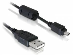 Kabel USB z dwoma różnymi złączami; po lewej stronie złącze USB-A, po prawej stronie złącze Mini-USB. Idealne do podłączania urządzeń do komputera.