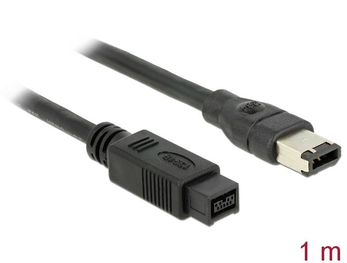 Kabel FireWire o długości 1 metra z wtyczką 4-pinową i 6-pinową, używane do połączeń danych między urządzeniami.
