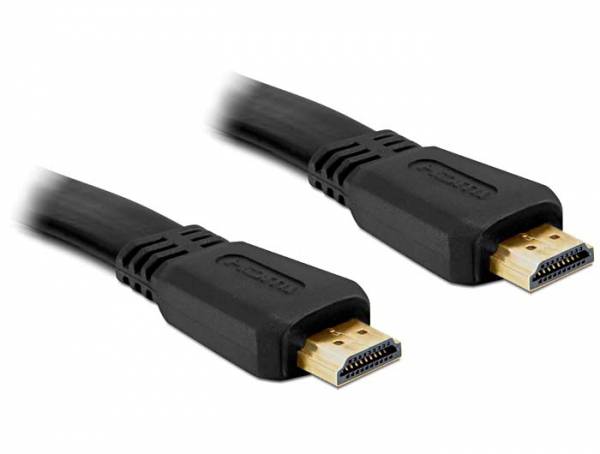 Dwa czarne kable HDMI ze złotymi wtyczkami, oba skierowane w prawo, na białym tle.