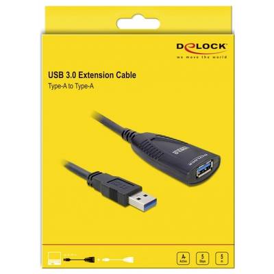 Kabel przedłużające Delock USB 3.0, typ A na typ A, czarne, na żółtym opakowaniu. Obsługuje prędkość USB 3.0.