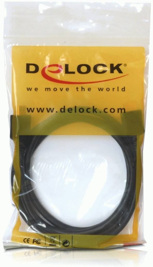 Czarny przewód marki Delock w opakowaniu. Na opakowaniu widnieje napis: 'we move the world' oraz strona internetowa 'www.delock.com'.