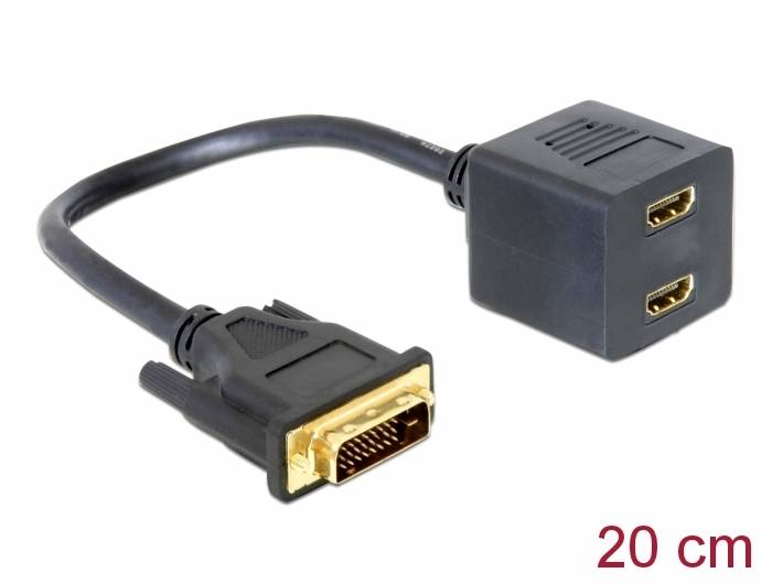 Kabel adapter z wtyczką DVI na dwie gniazda HDMI. Długość: 20 cm. Odpowiedni do łączenia urządzeń DVI i HDMI.