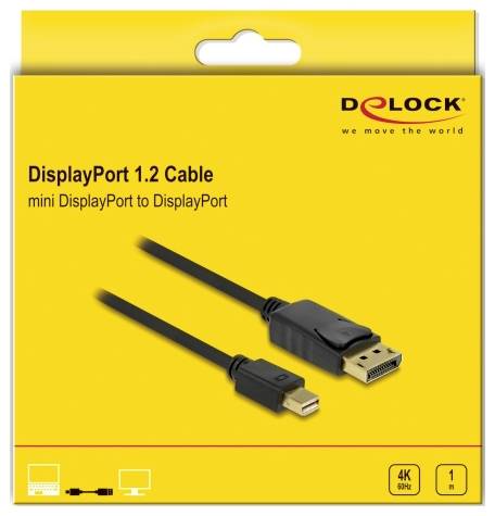 Żółte opakowanie kabla Delock DisplayPort 1.2, przedstawiające połączenie mini DisplayPort do DisplayPort. Obsługuje rozdzielczość 4K przy 60Hz, długość 1 metr.