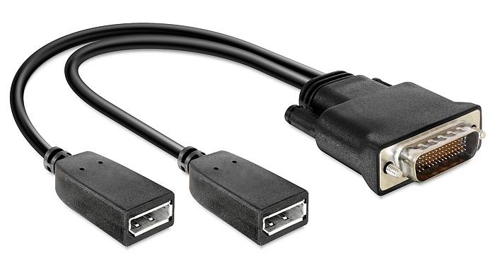 Dwa złącza DisplayPort i jedno złącze DVI w jednym adapterze kablowym. Łączy urządzenia z różnymi złączami wideo.