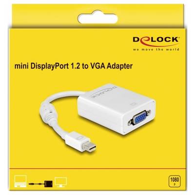 Opakowanie adaptera firmy DeLock: 'mini DisplayPort 1.2 do VGA', kolor żółty, z obrazkiem adaptera, odpowiedni dla rozdzielczości wideo do 1080p.