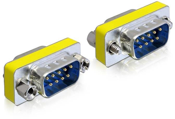 Dwa wtyki VGA z żółtymi obudowami z tworzywa sztucznego i niebieskimi stykami, wyświetlane na białym tle.