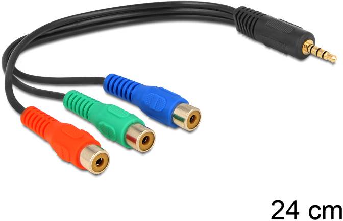 Kabel z wtykiem Jack 3,5 mm oraz trzema gniazdami RCA w kolorach czerwonym, zielonym i niebieskim do połączenia audio-wideo, długość: 24 cm.