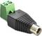 Adapter wtykowy prądu stałego z zielonym blokiem zaciskowym i czarną obudową. Bieguny są oznaczone symbolami '+' i '-'.