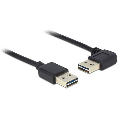 Dwa czarne kable USB z wtyczkami kątowymi prezentują swoje złącza USB-A. Po lewej stronie jest wtyczka prosta, po prawej - kątowa.
