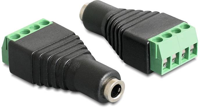Dwa adaptery wtykowe audio z zielonym blokiem złącza i czarną obudową do łączenia kabli z urządzeniami audio.