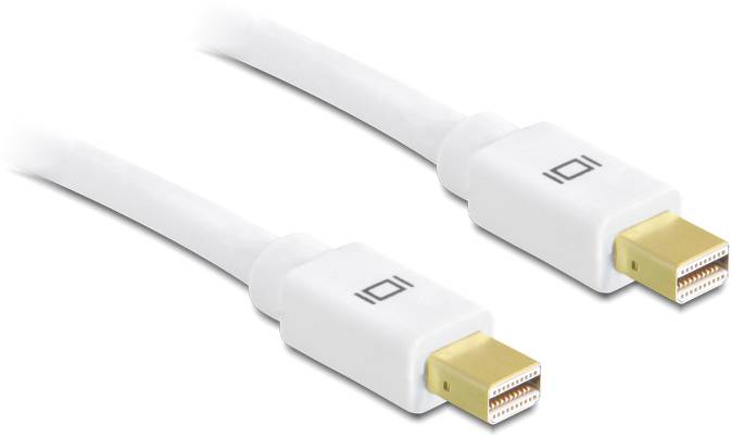 Dwa białe kable DisplayPort ze złoconymi złączami, używane do łączenia urządzeń.