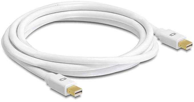 Biały kabel z dwoma wtykami Mini DisplayPort, używany do podłączania komputerów do monitorów lub projektorów.