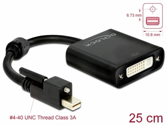 Adapter DVI firmy Delock z czarnym przewodem, długości 25 cm. Wtyk Mini DisplayPort do gniazda DVI. Wymiary: 6,73 mm x 10,8 mm.