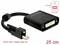 Adapter DVI firmy Delock z czarnym przewodem, długości 25 cm. Wtyk Mini DisplayPort do gniazda DVI. Wymiary: 6,73 mm x 10,8 mm.