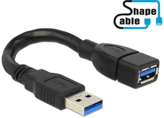 Przedłużacz USB z wtykiem męskim i żeńskim, czarny kabel, długości około 15 cm, z niebieskim elementem wewnętrznym.