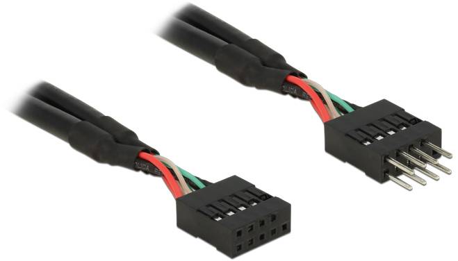 Dwa czarne kable, każdy z wtyczką na końcu. Jedna wtyczka posiada piny, druga gniazda. Kable są oznaczone kolorystycznie.