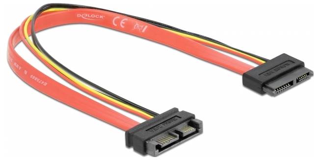 Czerwony kabel SATA zasilająco-transmisyjny z czarnymi złączami, używany do podłączania dysków twardych i płyt głównych w komputerach.