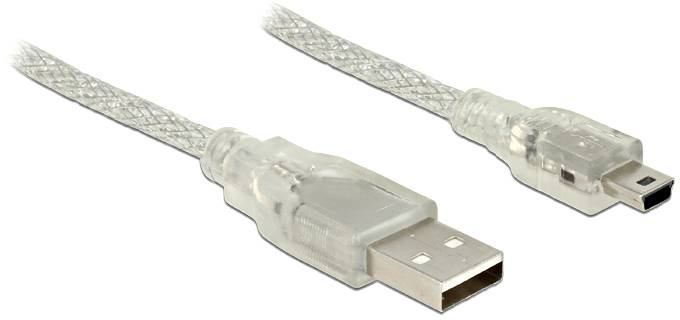 Kabel z wtyczką USB po jednej stronie i wtyczką Mini-USB po drugiej stronie, pokazane na białym tle.