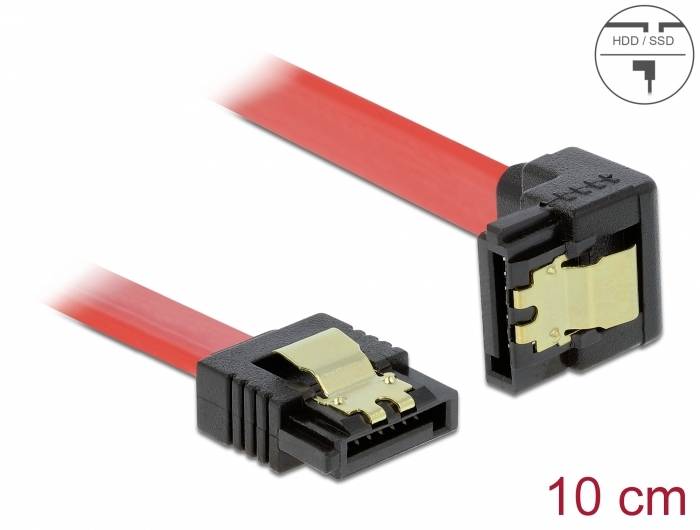 Czerwony kabel SATA z wtyczką kątową do połączeń danych HDD/SSD; długość: 10 cm; odpowiedni dla wewnętrznych komponentów PC.