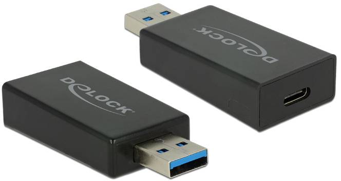 Dwa czarne adaptery USB marki Delock, jeden pokazujący wtyczkę USB-A, a drugi złącze USB-C.