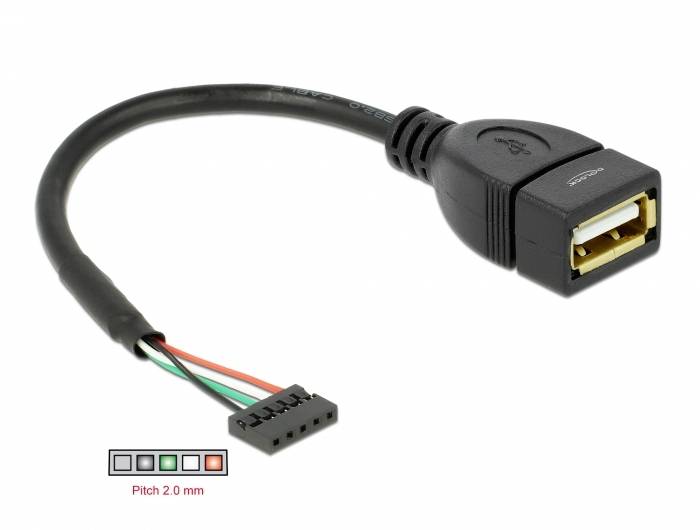 Czarny kabel adapter USB, długości 15 cm, z gniazdem USB i małą wtyczką wielostykową z odkrytymi przewodami.
