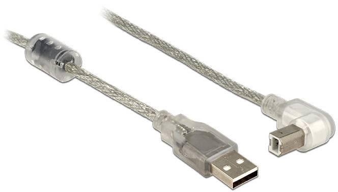 Kabel USB do drukarki z przezroczystą izolacją i rdzeniem ferrytowym, z jednej strony ze standardowym złączem USB, z drugiej strony wtyk kątowy.